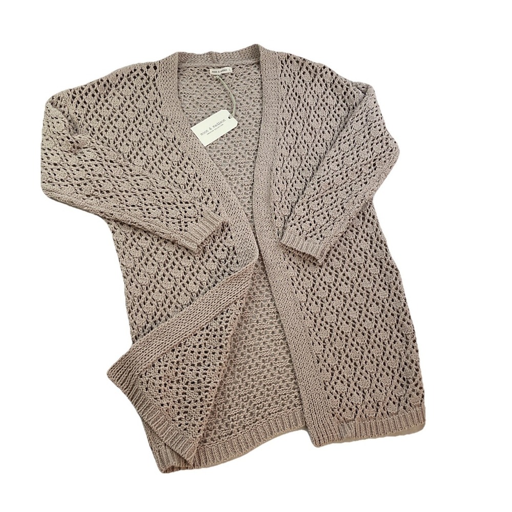 Moon‎ & Madison Cardigan Sweater Womens Large Ivory Boho Open Crochet Knit NWT